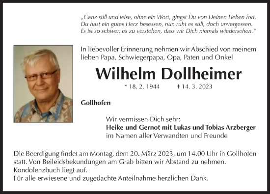 Traueranzeige von Wilhelm Dollheimer von Neustadt/ Scheinfeld/ Uffenheim
