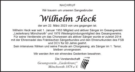 Traueranzeige von Wilhelm Heck von Dinkelsbühl/ Feuchtwangen