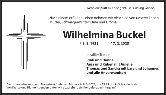 Traueranzeige von Wilhelmina Buckel von Dinkelsbühl/ Feuchtwangen