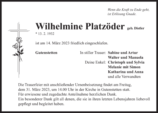Traueranzeige von Wilhelmine Platzöder von Neustadt/ Scheinfeld/ Uffenheim