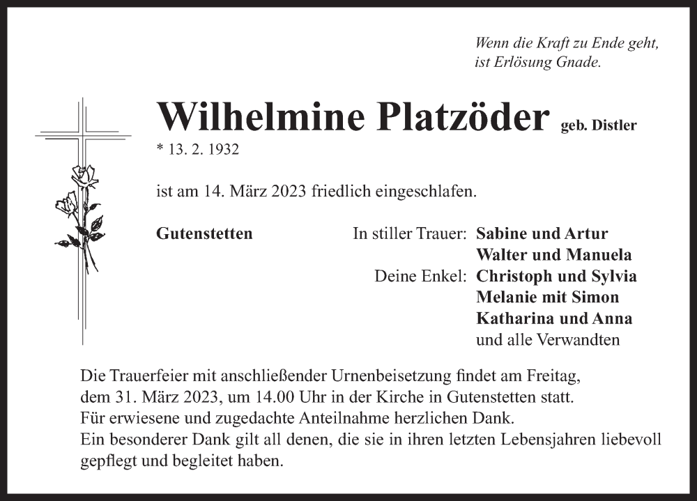  Traueranzeige für Wilhelmine Platzöder vom 21.03.2023 aus Neustadt/ Scheinfeld/ Uffenheim