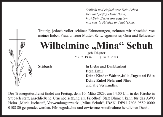 Traueranzeige von Wilhelmine Schuh von Neustadt/ Scheinfeld/ Uffenheim
