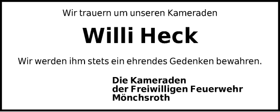 Traueranzeige von Willi Heck von Dinkelsbühl/ Feuchtwangen