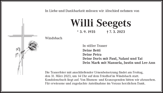 Traueranzeige von Willi Seegets von Ansbach