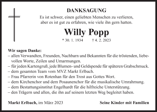 Traueranzeige von Willy Popp von Neustadt/ Scheinfeld/ Uffenheim