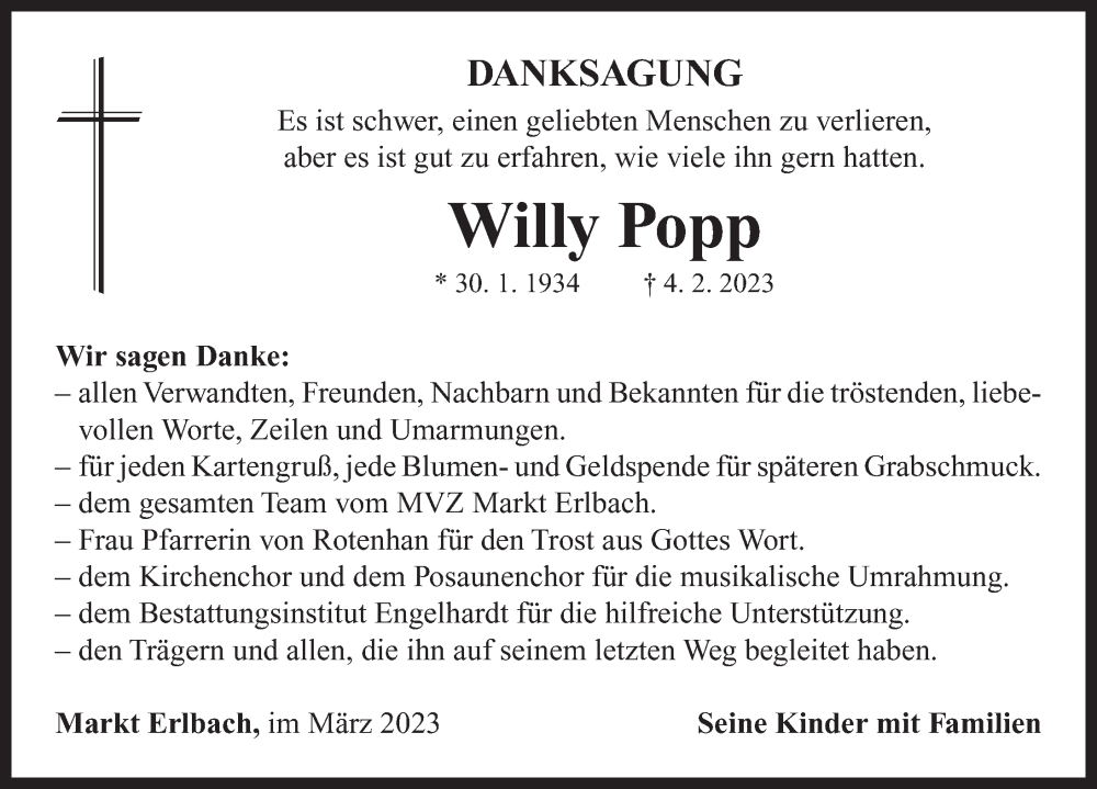  Traueranzeige für Willy Popp vom 03.03.2023 aus Neustadt/ Scheinfeld/ Uffenheim