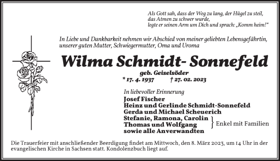 Traueranzeige von Wilma Schmidt- Sonnefeld von Ansbach