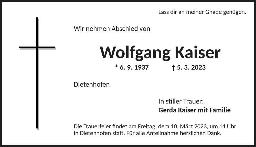  Traueranzeige für Wolfgang Kaiser vom 07.03.2023 aus Ansbach