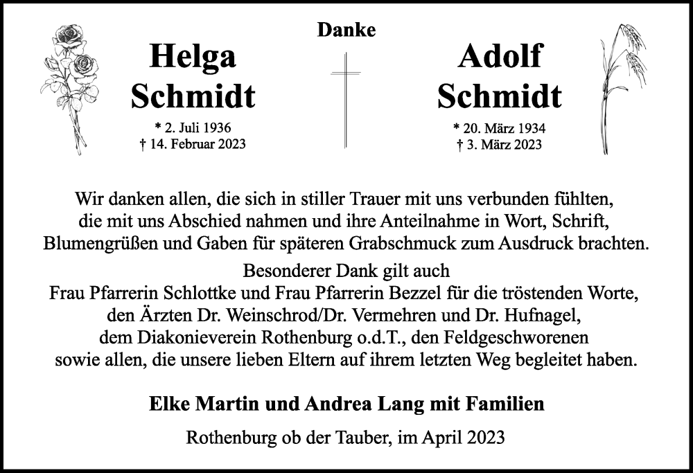  Traueranzeige für Adolf Schmidt vom 08.04.2023 aus Rothenburg