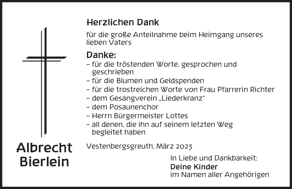 Traueranzeige für Albrecht Bierlein vom 14.04.2023 aus Neustadt/ Scheinfeld/ Uffenheim