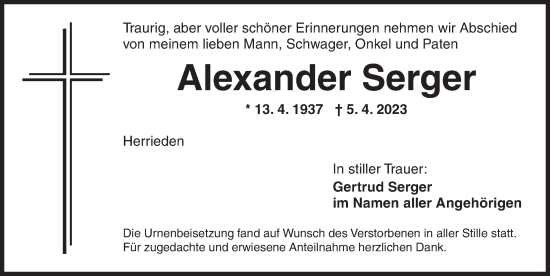 Traueranzeige von Alexander Serger von Ansbach