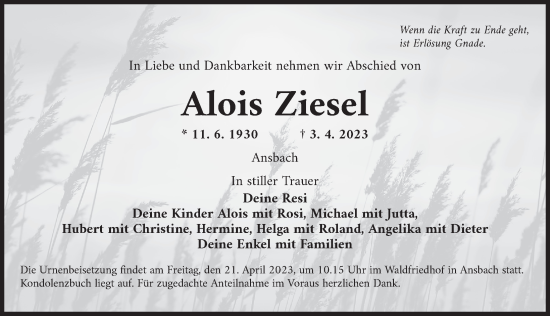 Traueranzeige von Alois Ziesel von Ansbach