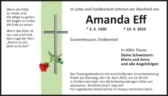 Traueranzeige von Amanda Eff von Dinkelsbühl/ Feuchtwangen