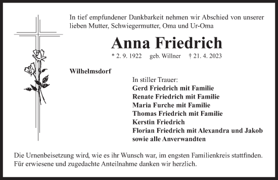 Traueranzeige von Anna Friedrich von Neustadt/ Scheinfeld/ Uffenheim