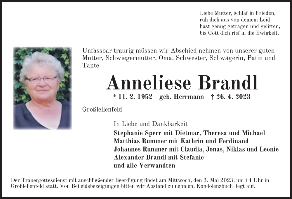  Traueranzeige für Anneliese Brandl vom 29.04.2023 aus Dinkelsbühl/ Feuchtwangen