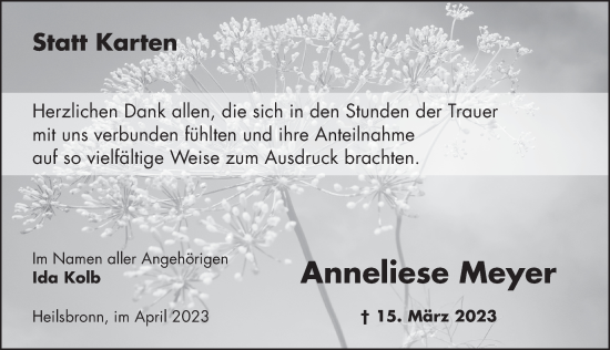 Traueranzeige von Anneliese Meyer von Ansbach