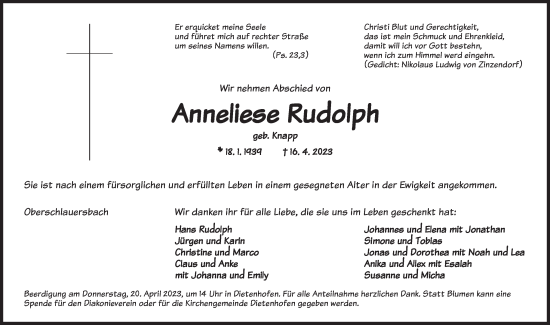 Traueranzeige von Anneliese Rudolph von Ansbach