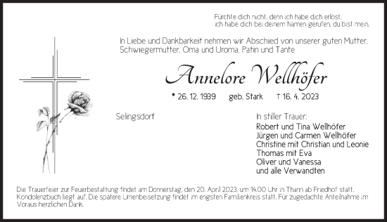 Traueranzeige von Annelore Wellhöfer von Dinkelsbühl/ Feuchtwangen