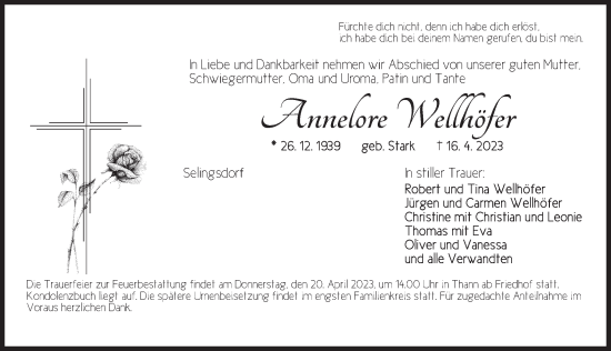 Traueranzeige von Annelore Wellhöfer von Ansbach