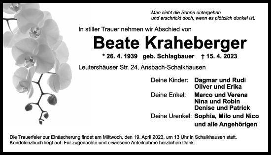 Traueranzeige von Beate Kraheberger von Ansbach