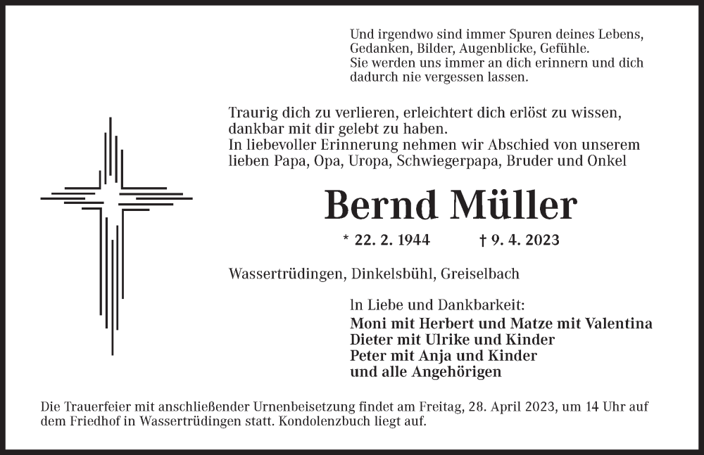  Traueranzeige für Bernd Müller vom 25.04.2023 aus Dinkelsbühl/ Feuchtwangen