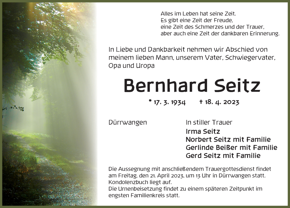  Traueranzeige für Bernhard Seitz vom 20.04.2023 aus Dinkelsbühl/ Feuchtwangen