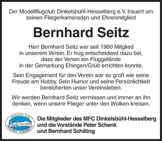 Traueranzeige von Bernhard Seitz von Dinkelsbühl/ Feuchtwangen