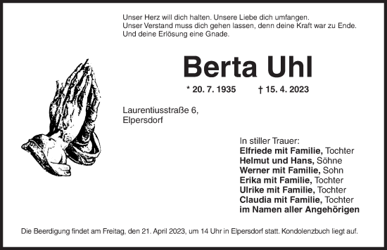 Traueranzeige von Berta Uhl von Ansbach