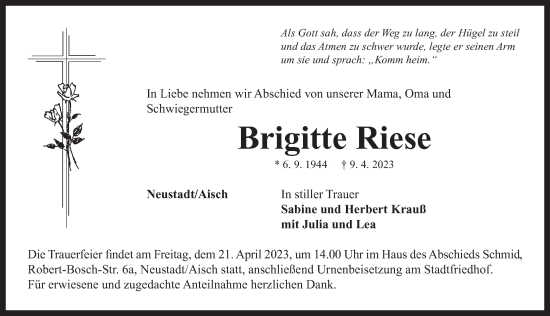 Traueranzeige von Brigitte Riese von Neustadt/ Scheinfeld/ Uffenheim