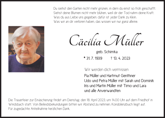 Traueranzeige von Cäcilia Müller von Ansbach