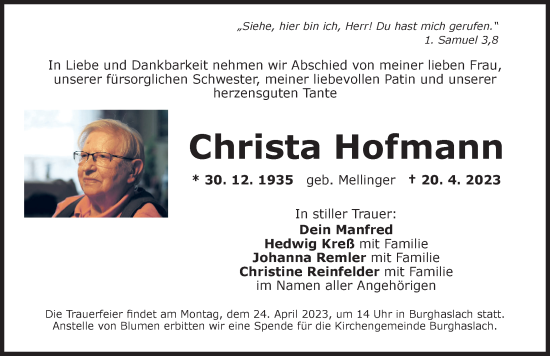 Traueranzeige von Christa Hofmann von Neustadt/ Scheinfeld/ Uffenheim