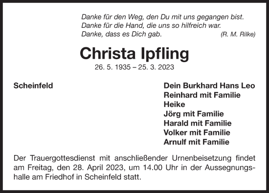 Traueranzeige von Christa Ipfling von Neustadt/ Scheinfeld/ Uffenheim