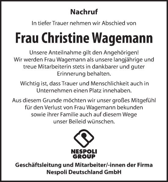 Traueranzeige von Christine Wagemann von Dinkelsbühl/ Feuchtwangen