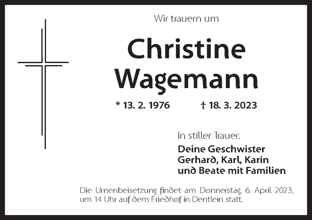  Traueranzeige für Christine Wagemann vom 05.04.2023 aus Dinkelsbühl/ Feuchtwangen