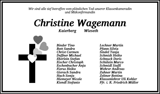 Traueranzeige von Christine Wagemann von Dinkelsbühl/ Feuchtwangen