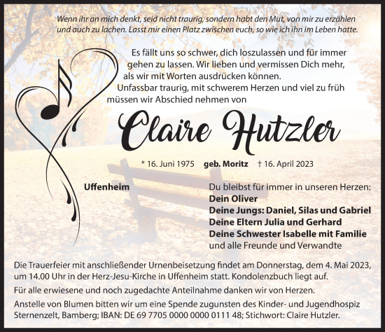 Traueranzeige von Claire Hutzler von Neustadt/ Scheinfeld/ Uffenheim