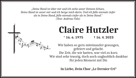 Traueranzeige von Claire Hutzler von Neustadt/ Scheinfeld/ Uffenheim