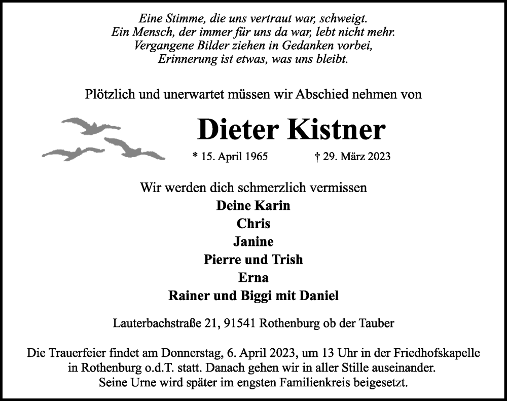  Traueranzeige für Dieter Kistner vom 03.04.2023 aus Rothenburg