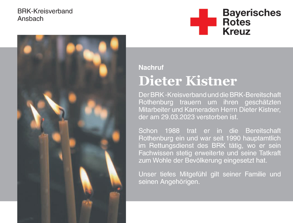  Traueranzeige für Dieter Kistner vom 05.04.2023 aus Rothenburg