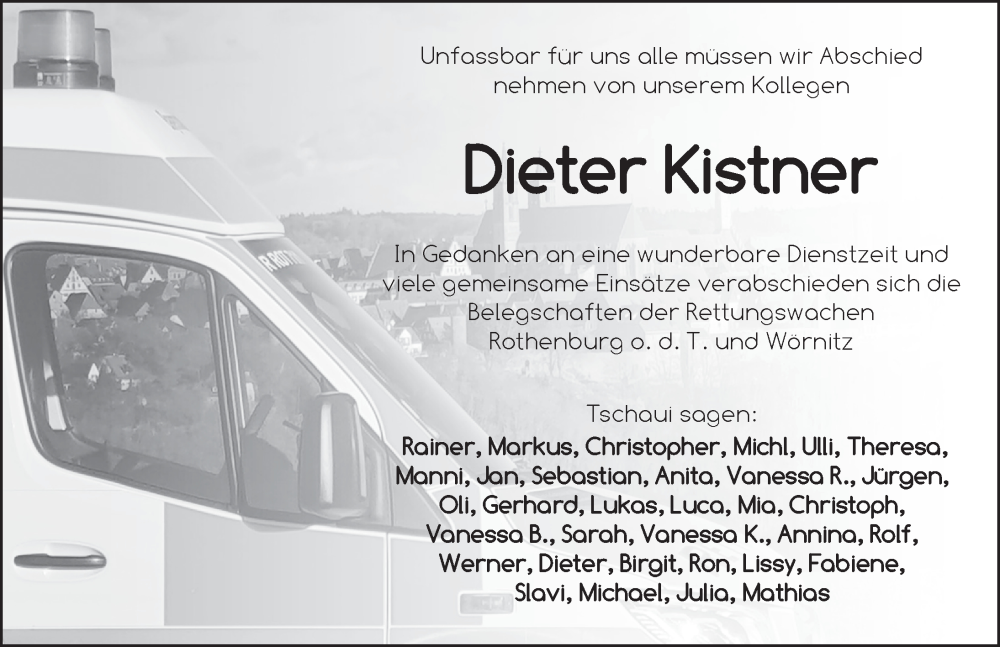  Traueranzeige für Dieter Kistner vom 04.04.2023 aus Rothenburg