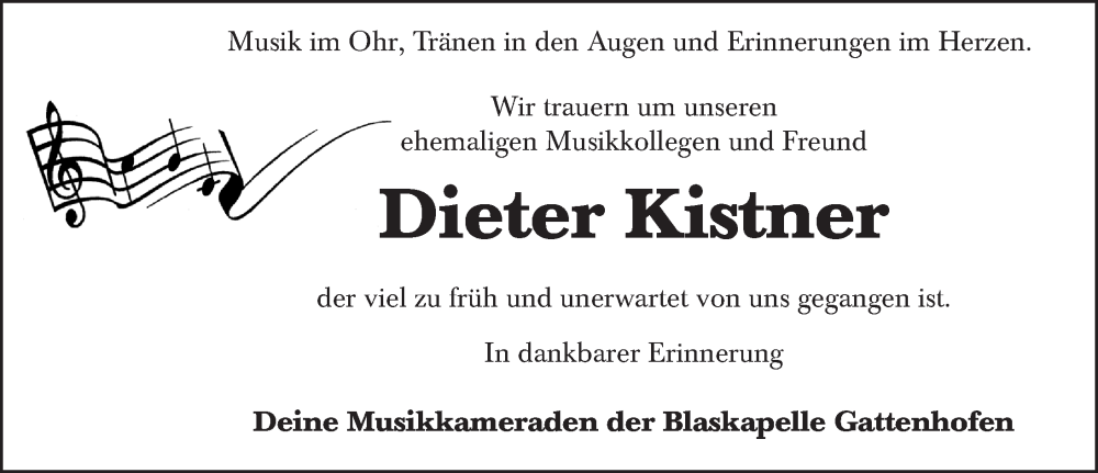  Traueranzeige für Dieter Kistner vom 03.04.2023 aus Rothenburg