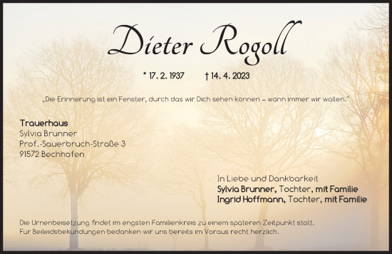 Traueranzeige von Dieter Rogoll von Dinkelsbühl/ Feuchtwangen