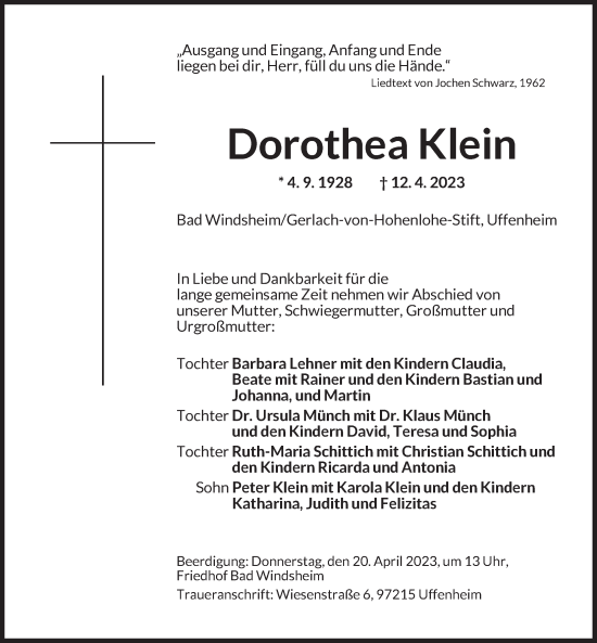 Traueranzeige von Dorothea Klein von Neustadt/ Scheinfeld/ Uffenheim