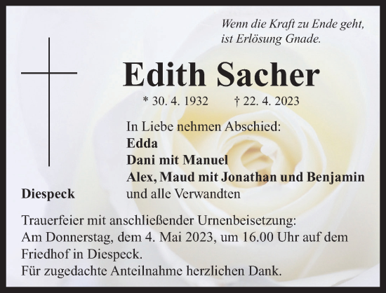 Traueranzeige von Edith Sacher von Neustadt/ Scheinfeld/ Uffenheim