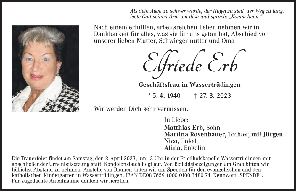  Traueranzeige für Elfriede Erb vom 05.04.2023 aus Dinkelsbühl/ Feuchtwangen