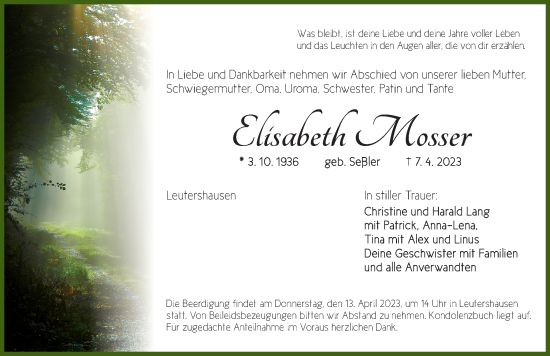 Traueranzeige von Elisabeth Mosser von Ansbach