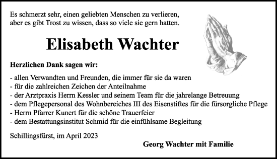 Traueranzeige von Elisabeth Wachter von Rothenburg