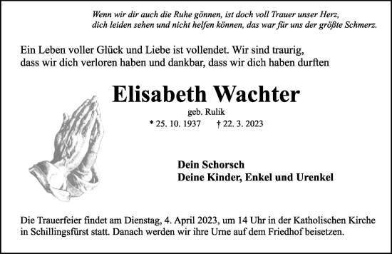 Traueranzeige von Elisabeth Wachter von Rothenburg