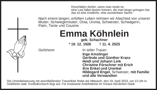 Traueranzeige von Emma Köhnlein von Dinkelsbühl/ Feuchtwangen