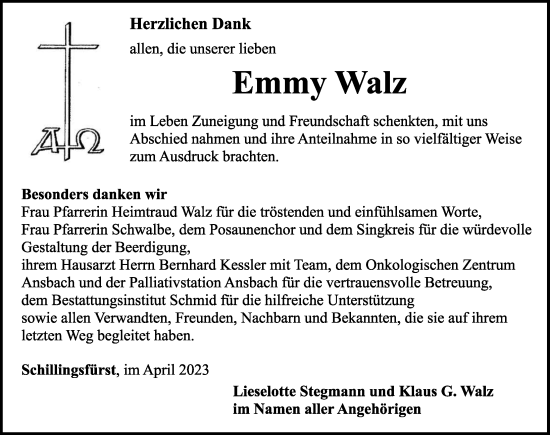 Traueranzeige von Emmy Walz von Ansbach